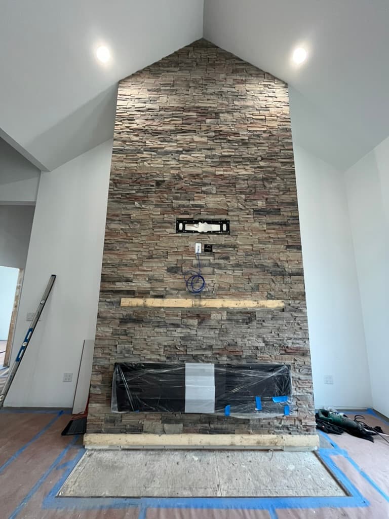Stacked stone fireplace